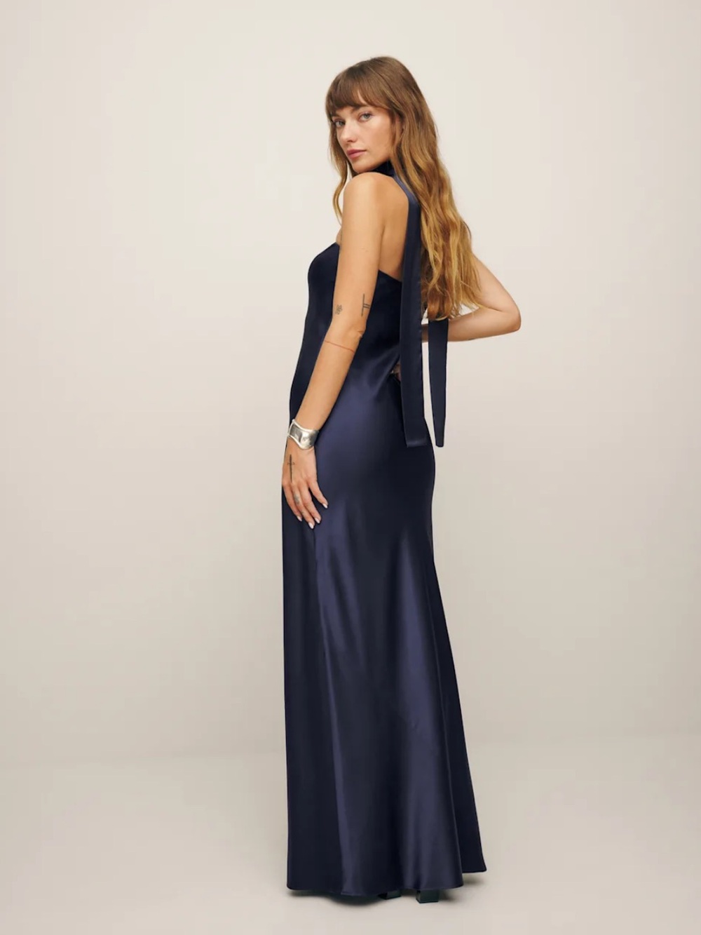Reformation Navy Blue Strapless Satin Gown - Picture 3 of 9